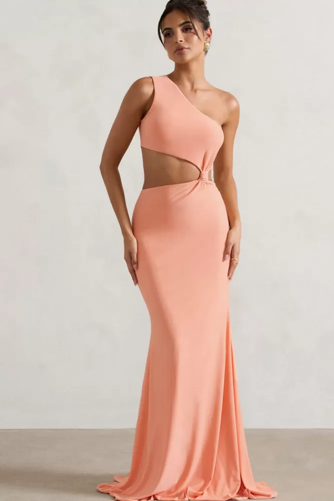 Club L London Aspyn | Asymmetric Twisted Cut-Out Fishtail Maxi Dress CORAL Best Sale