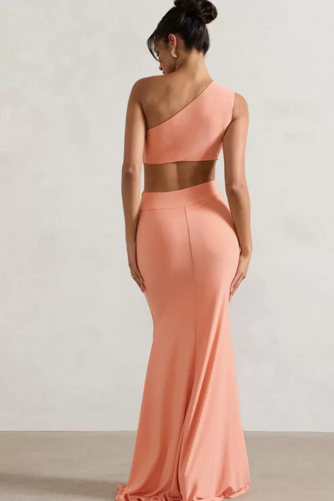 Club L London Aspyn | Asymmetric Twisted Cut-Out Fishtail Maxi Dress CORAL Best Sale