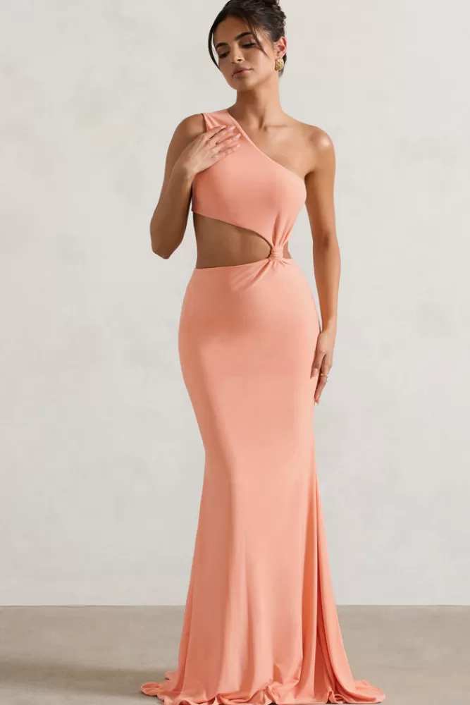 Club L London Aspyn | Asymmetric Twisted Cut-Out Fishtail Maxi Dress CORAL Best Sale
