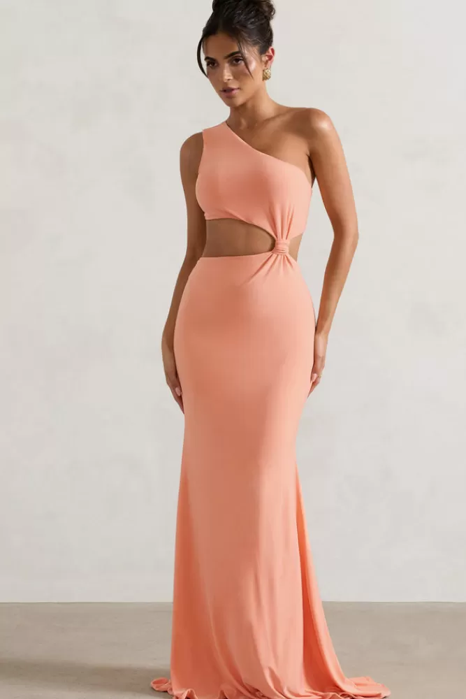 Club L London Aspyn | Asymmetric Twisted Cut-Out Fishtail Maxi Dress CORAL Best Sale