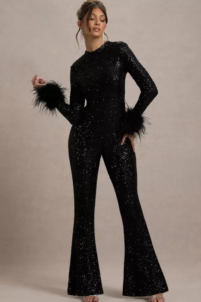 Club L London Asteroid | Sequin Long-Sleeve Jumpsuit With Feather Cuffs BLACK Best