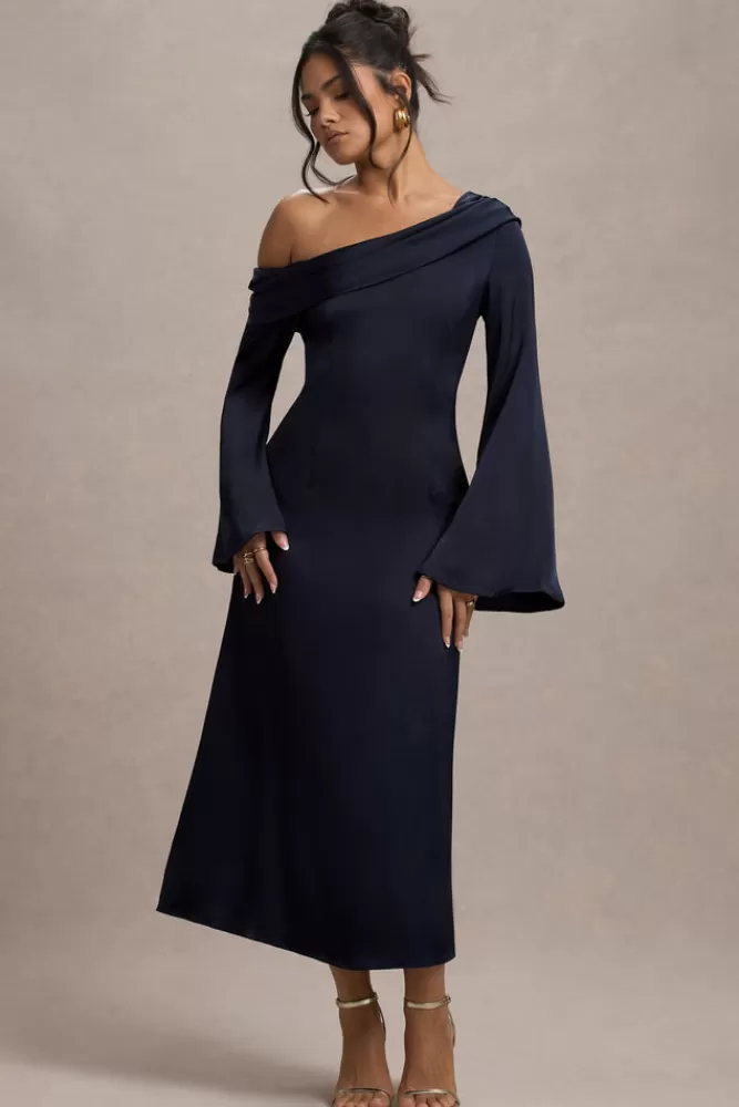 Club L London Astral | Satin Asymmetric Flared-Sleeve Midi Dress NAVY Clearance