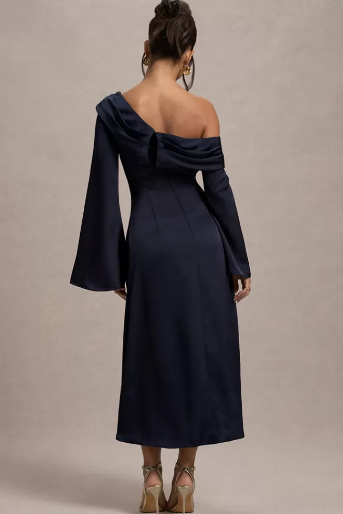 Club L London Astral | Satin Asymmetric Flared-Sleeve Midi Dress NAVY Clearance