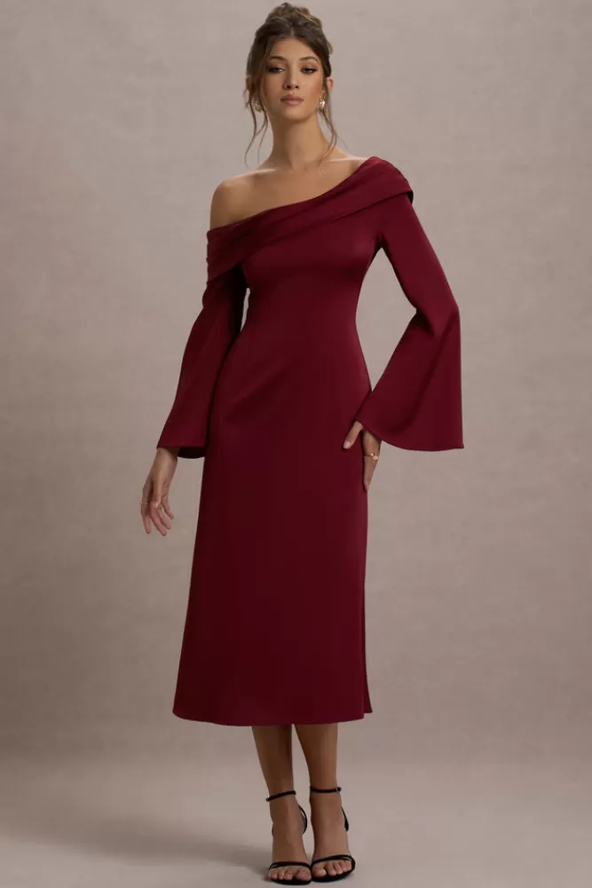 Club L London Astral | Satin Asymmetric Flared-Sleeve Midi Dress PORT New