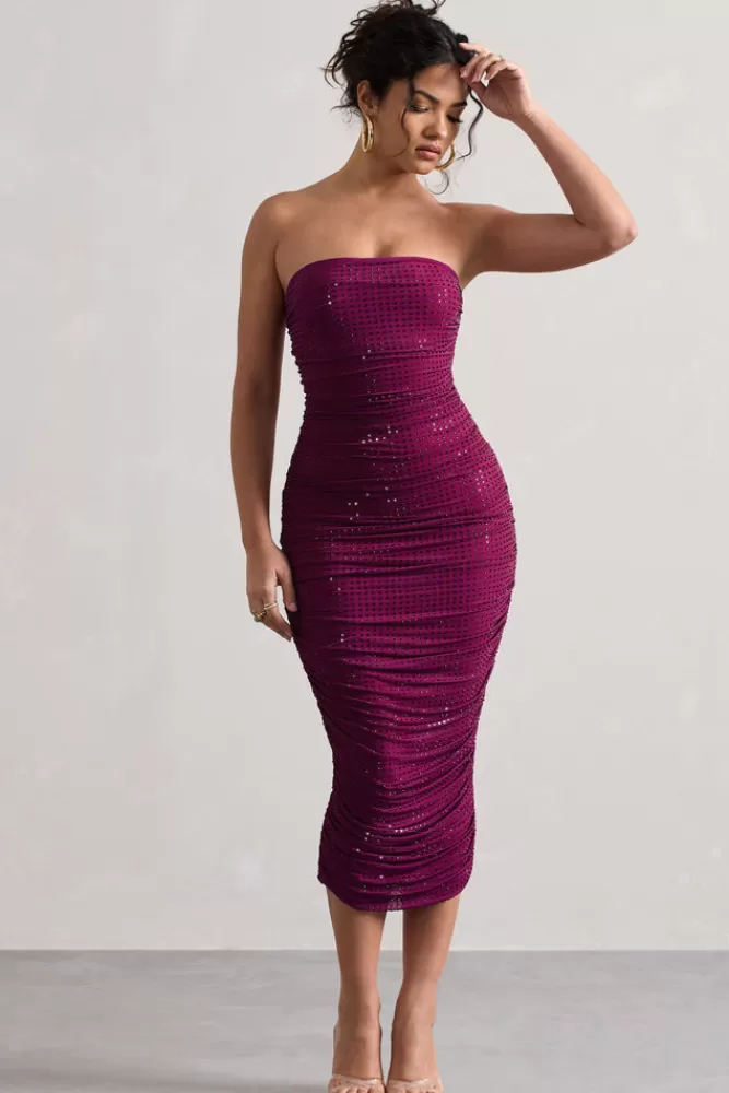 Club L London Astro | Dark Pink Embellished Bandeau Midi Dress MAGENTA Cheap