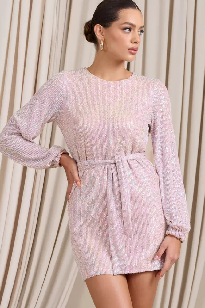 Club L London Astrological | Nude Mix Sequin Long Sleeve Mini Dress With Belt Detail NUDEMIX Flash Sale