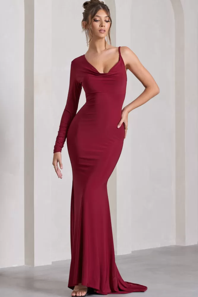 Club L London At Dusk | Red One-Sleeved Cowl-Neck Fishtail Maxi Dress BERRY Fashion