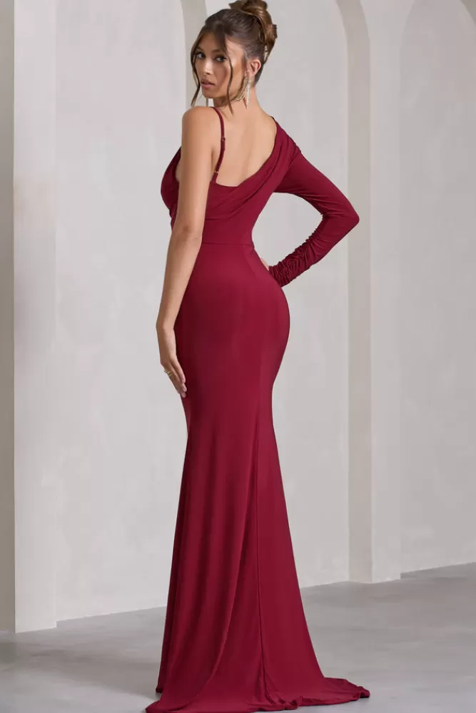 Club L London At Dusk | Red One-Sleeved Cowl-Neck Fishtail Maxi Dress BERRY Fashion