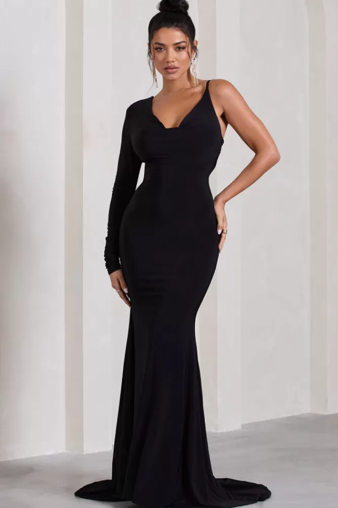 Club L London At Dusk | One-Sleeved Cowl-Neck Fishtail Maxi Dress BLACK New