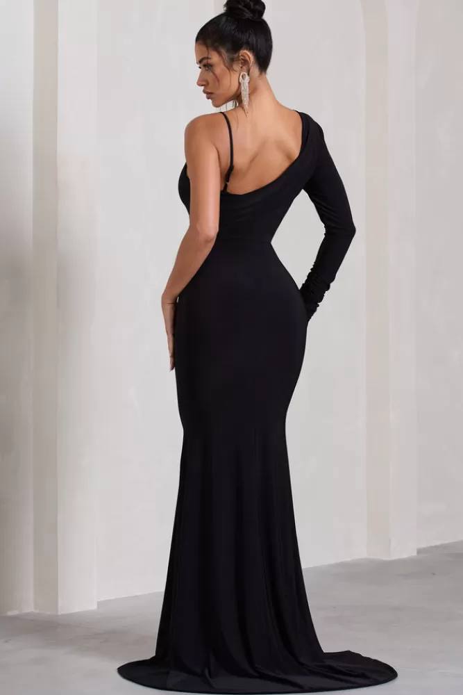 Club L London At Dusk | One-Sleeved Cowl-Neck Fishtail Maxi Dress BLACK New