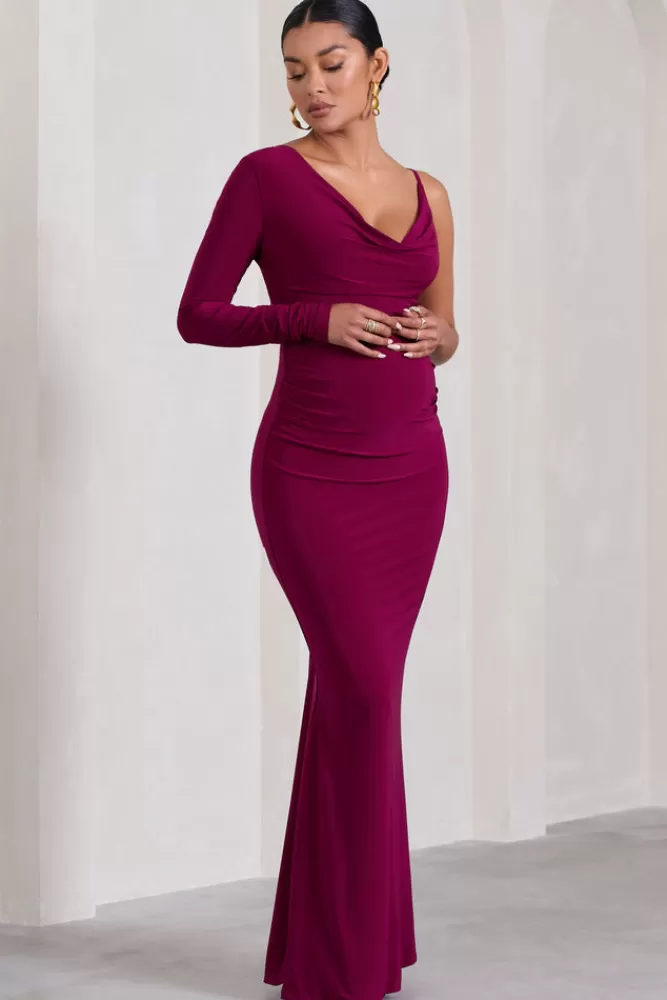 Club L London At Dusk | Dark Cherry Maternity One-Sleeved Cowl-Neck Fishtail Maxi Dress DARKCHERRY Sale