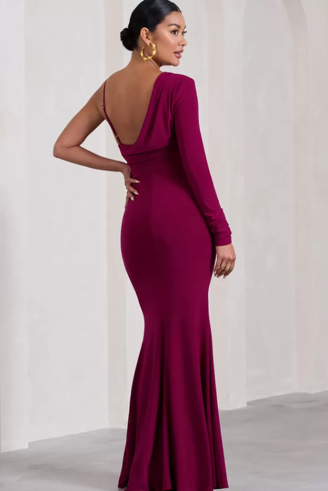 Club L London At Dusk | Dark Cherry Maternity One-Sleeved Cowl-Neck Fishtail Maxi Dress DARKCHERRY Sale