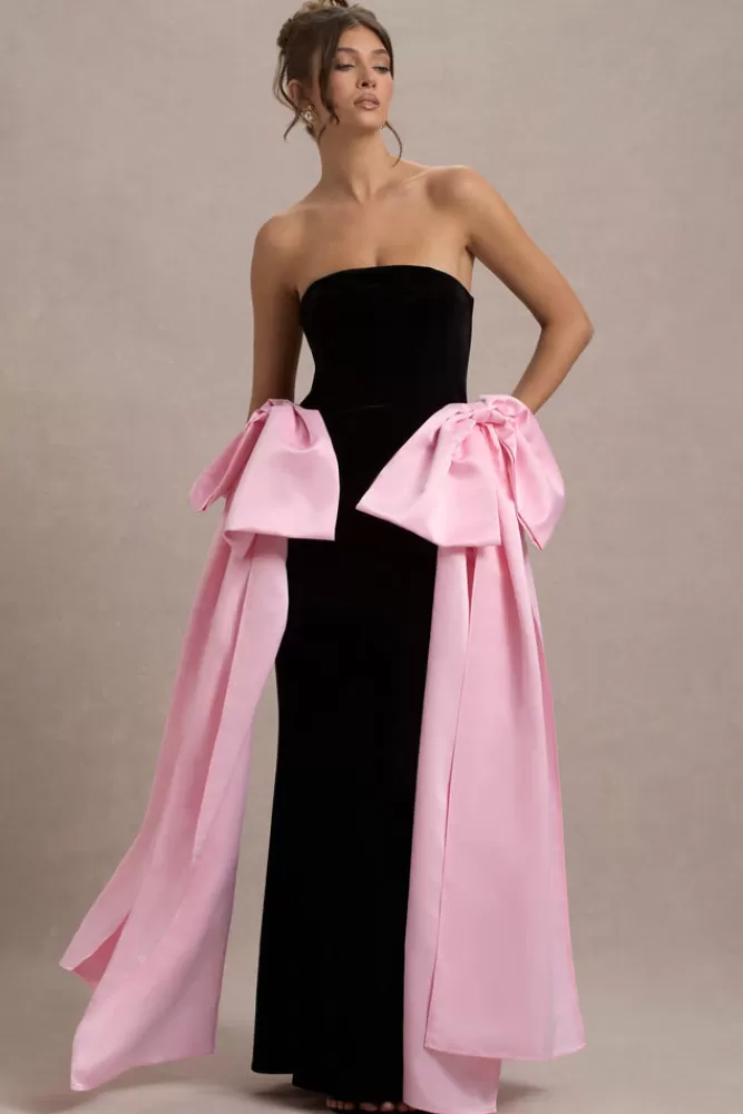 Club L London Attention | Black Strapless Maxi Dress With Pink Satin Bows BLACKANDPINK Store