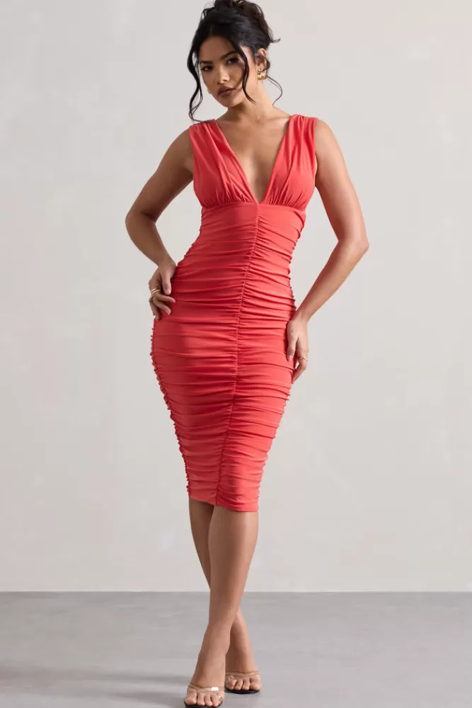 Club L London Attract | Ruched Plunge-Neck Midi Dress CORAL Sale