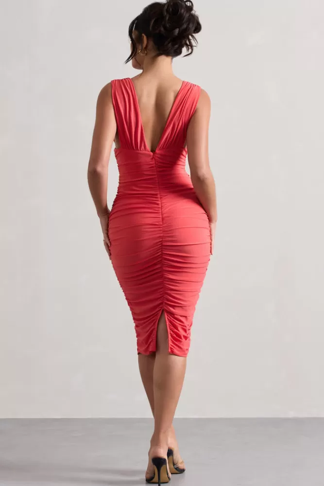 Club L London Attract | Ruched Plunge-Neck Midi Dress CORAL Sale