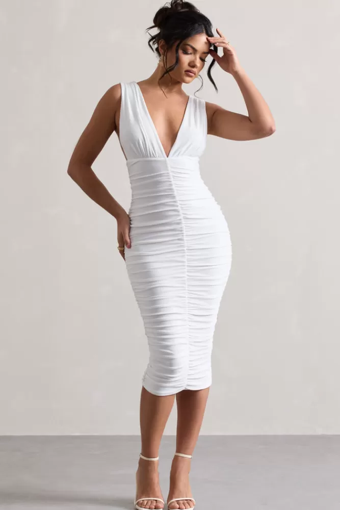 Club L London Attract | Ruched Plunge-Neck Midi Dress WHITE Best Sale