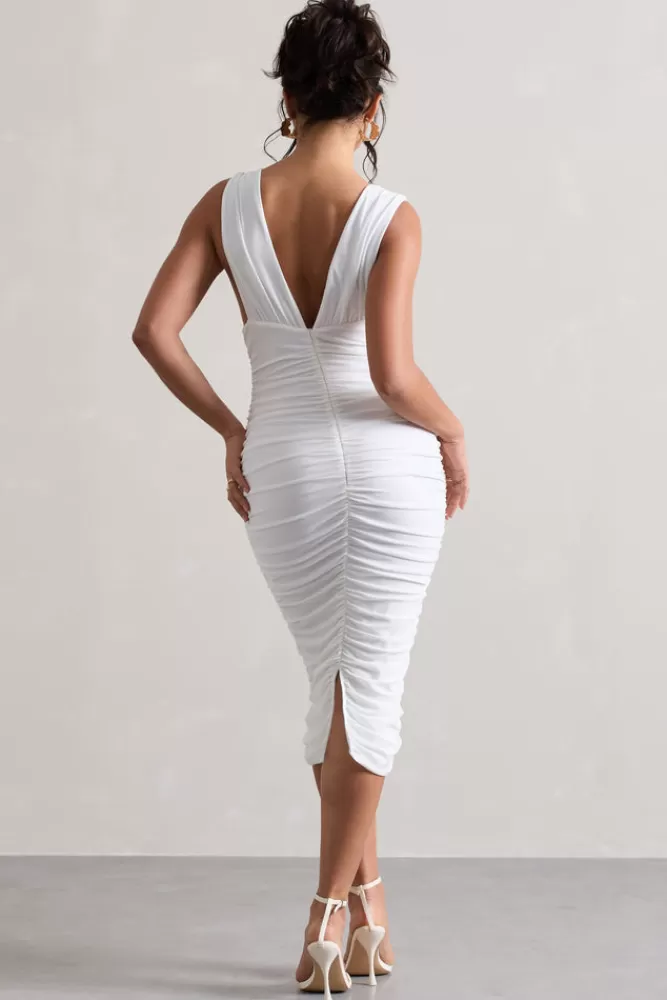 Club L London Attract | Ruched Plunge-Neck Midi Dress WHITE Best Sale