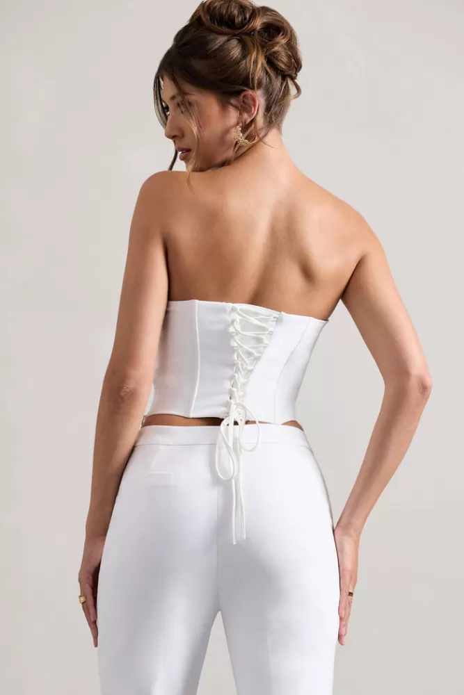 Club L London Aubriella | Strapless Lace-Up Corset Top WHITE New