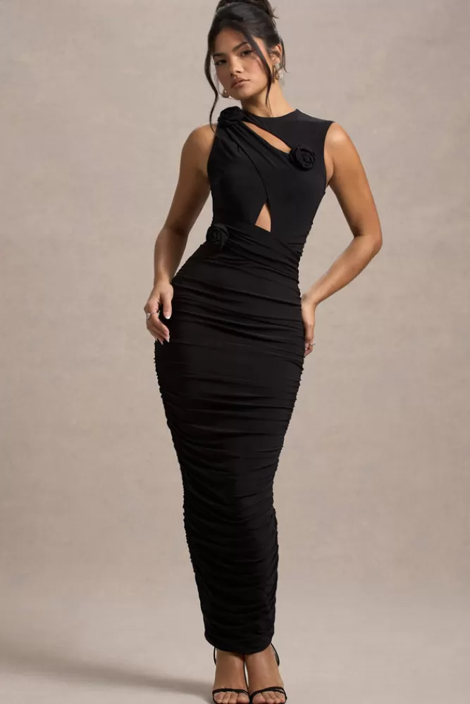 Club L London Audelia | Cut-Out Maxi Dress With Floral Corsages BLACK Store
