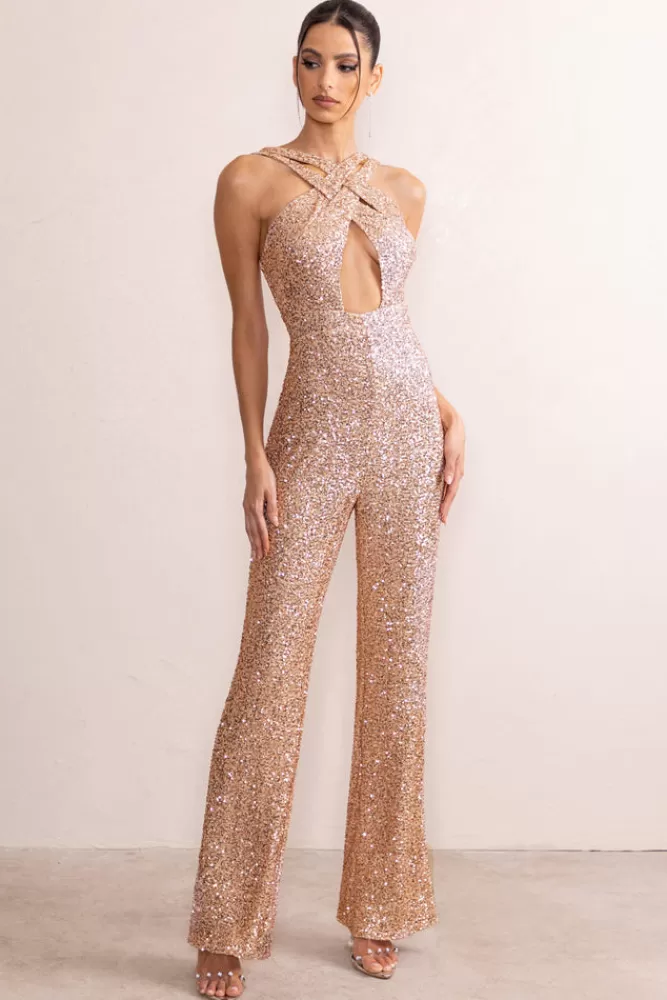 Club L London Audrey | Sequin Cross Front Flared Leg Jumpsuit With Keyhole Detail CHAMPAGNE Fashion