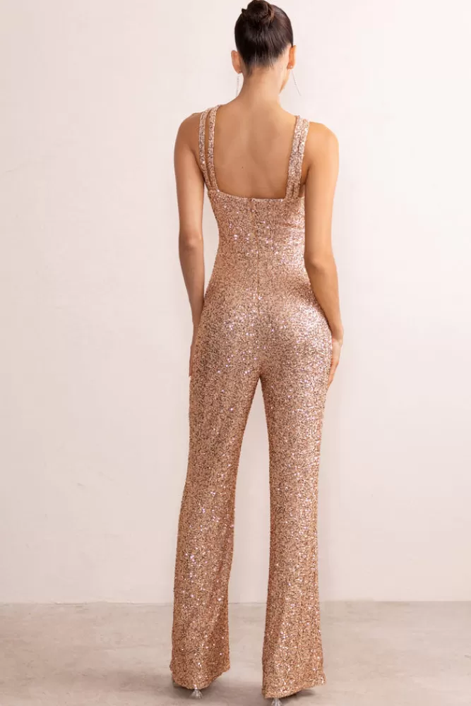 Club L London Audrey | Sequin Cross Front Flared Leg Jumpsuit With Keyhole Detail CHAMPAGNE Fashion