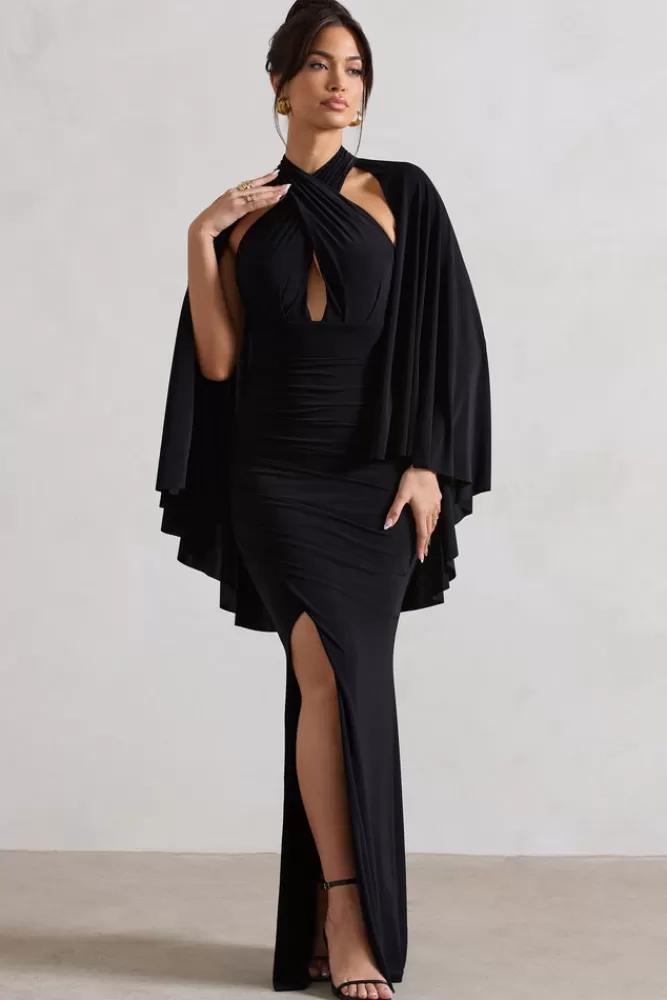 Club L London Audrina | Ruched Halter-Neck Split Maxi Dress With Cape BLACK Best Sale