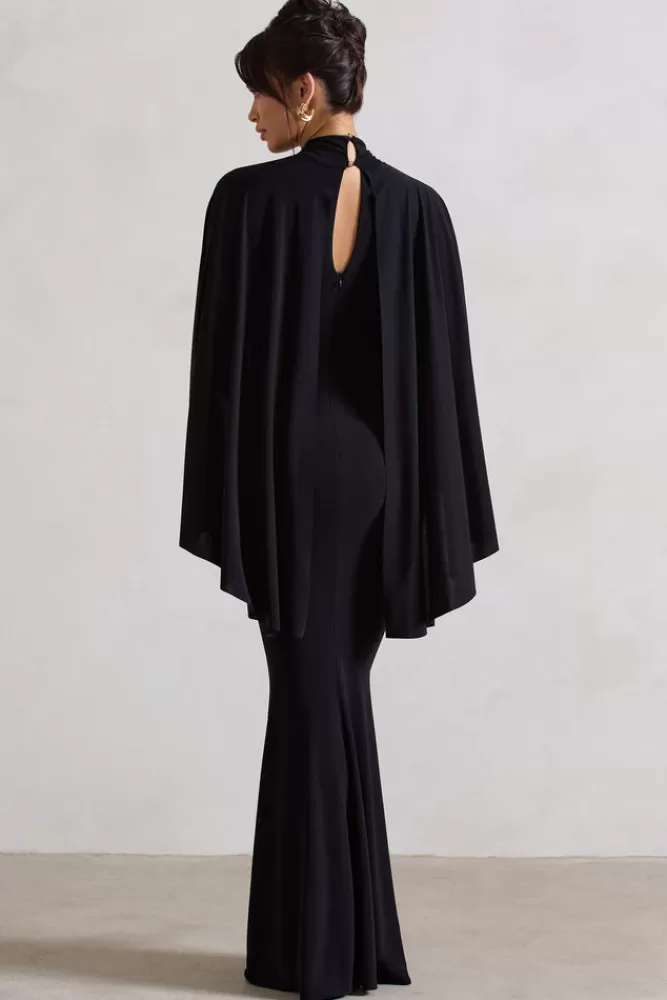 Club L London Audrina | Ruched Halter-Neck Split Maxi Dress With Cape BLACK Best Sale