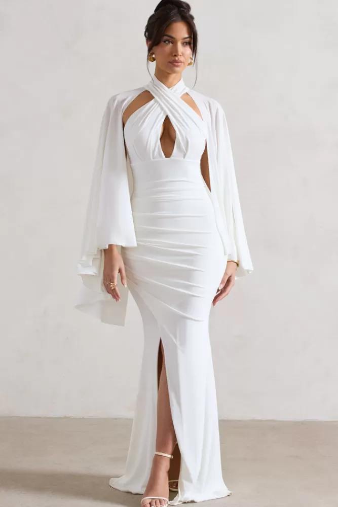 Club L London Audrina | Ruched Halter-Neck Split Maxi Dress With Cape WHITE Shop