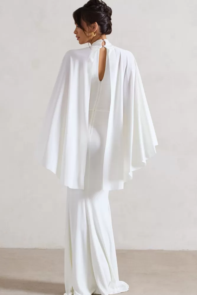 Club L London Audrina | Ruched Halter-Neck Split Maxi Dress With Cape WHITE Shop