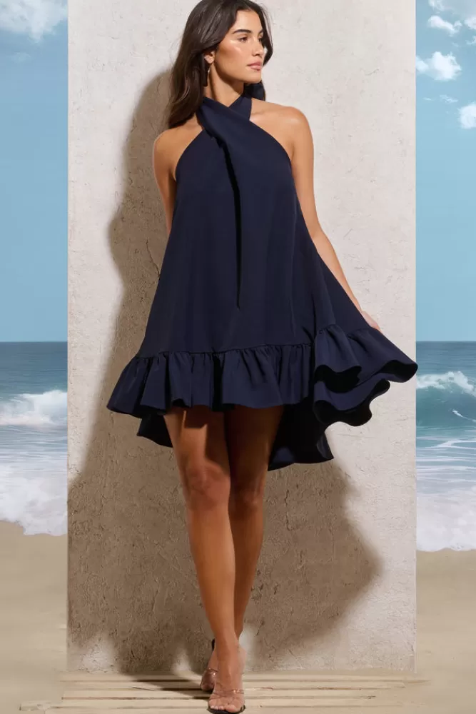 Club L London August | Halter-Neck Smock Mini Dress NAVY Fashion