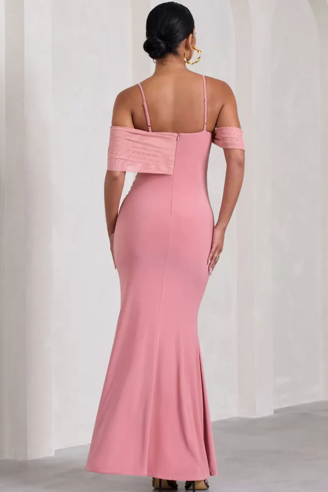 Club L London Augusta | Blush Pink Mesh Bardot Strappy Split Maternity Maxi Dress BLUSHPINK Best