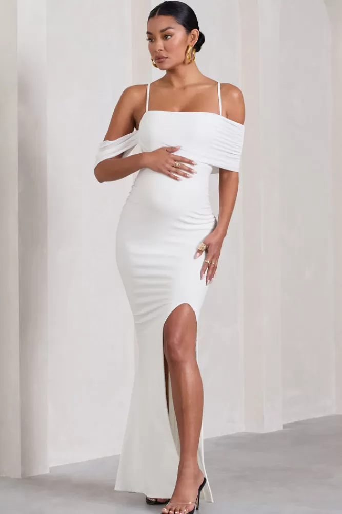 Club L London Augusta | Mesh Bardot Strappy Split Maternity Maxi Dress WHITE Fashion