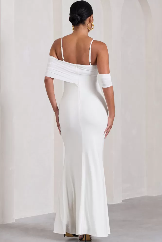 Club L London Augusta | Mesh Bardot Strappy Split Maternity Maxi Dress WHITE Fashion