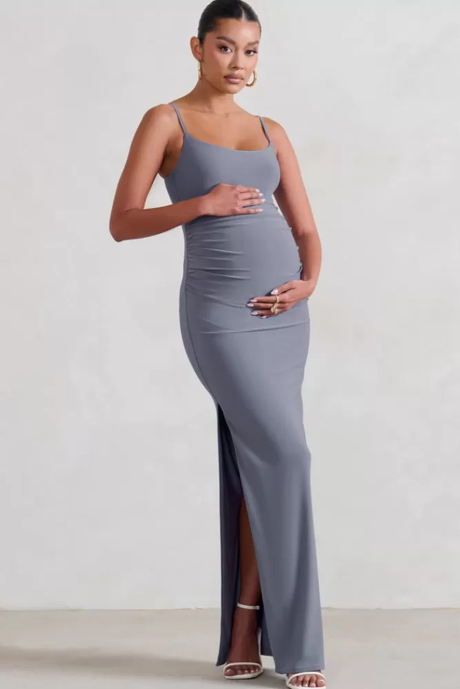 Club L London Aurelia | Grey Maternity Cami Maxi Dress With Split DUSKYGREY Cheap