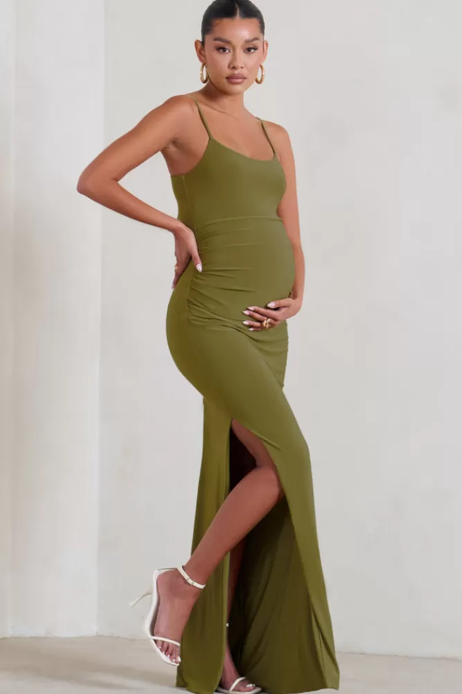 Club L London Aurelia | Green Maternity Cami Maxi Dress With Split OLIVE Cheap