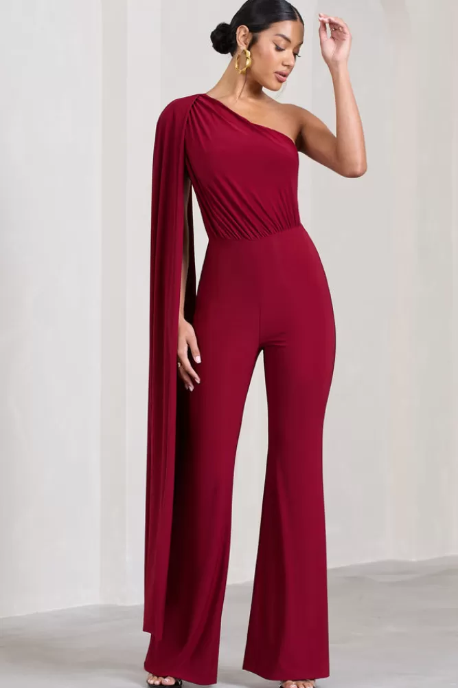 Club L London Aurora | Berry One Shoulder Cape Sleeve Jumpsuit MERLOT Clearance