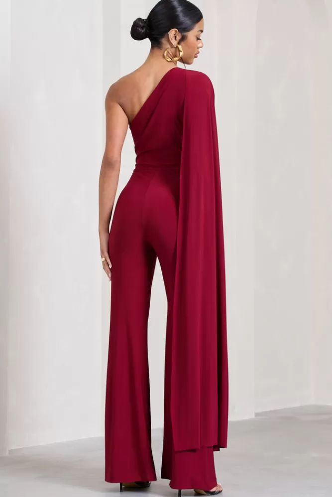 Club L London Aurora | Berry One Shoulder Cape Sleeve Jumpsuit MERLOT Clearance