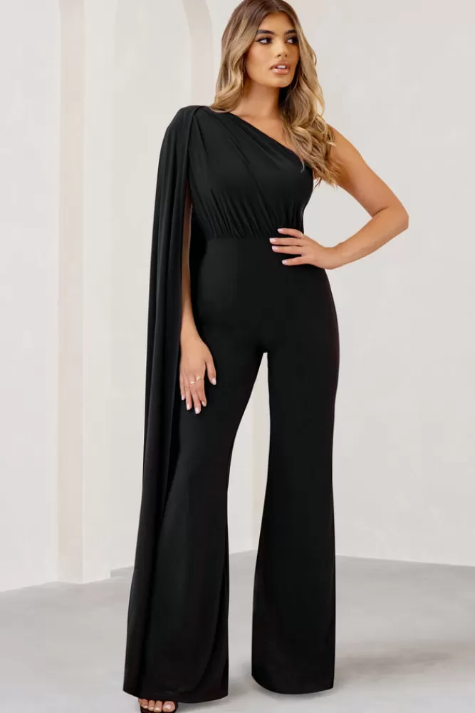 Club L London Aurora | One Shoulder Cape Sleeve Jumpsuit Black Sale