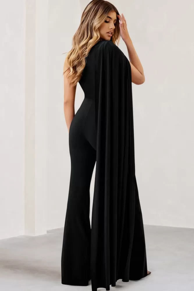 Club L London Aurora | One Shoulder Cape Sleeve Jumpsuit Black Sale