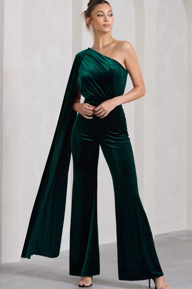 Club L London Aurora | Bottle Green Velvet One Shoulder Cape Sleeve Jumpsuit BOTTLEGREEN Clearance