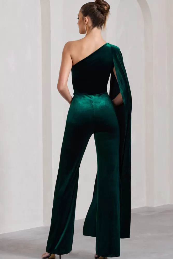 Club L London Aurora | Bottle Green Velvet One Shoulder Cape Sleeve Jumpsuit BOTTLEGREEN Clearance
