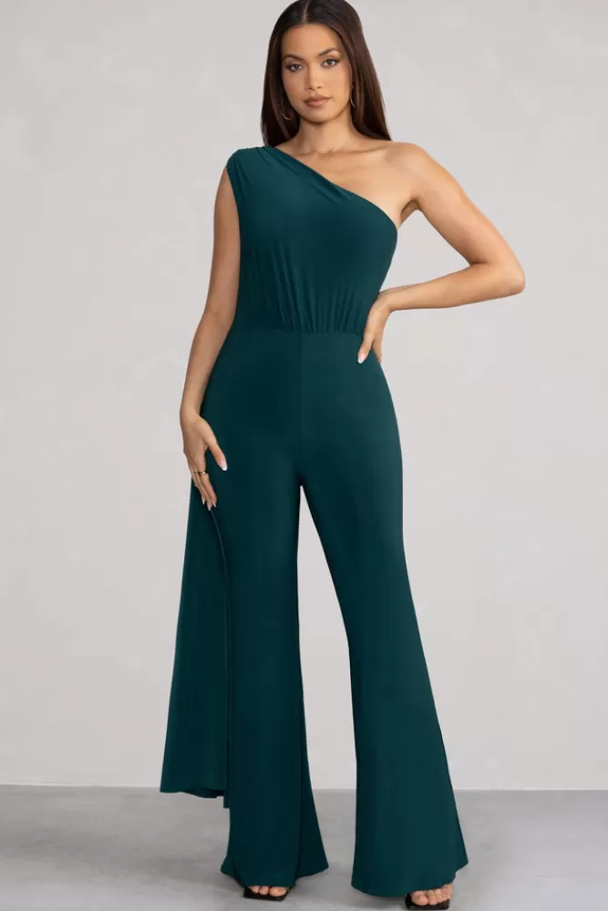 Club L London Aurora | Deep One Shoulder Cape Sleeve Jumpsuit Green Best