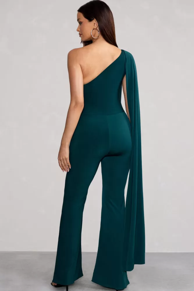 Club L London Aurora | Deep One Shoulder Cape Sleeve Jumpsuit Green Best