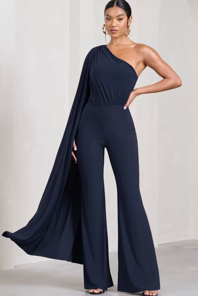 Club L London Aurora | One Shoulder Cape Sleeve Jumpsuit Navy Online