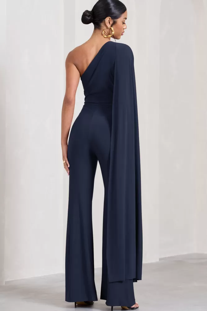 Club L London Aurora | One Shoulder Cape Sleeve Jumpsuit Navy Online