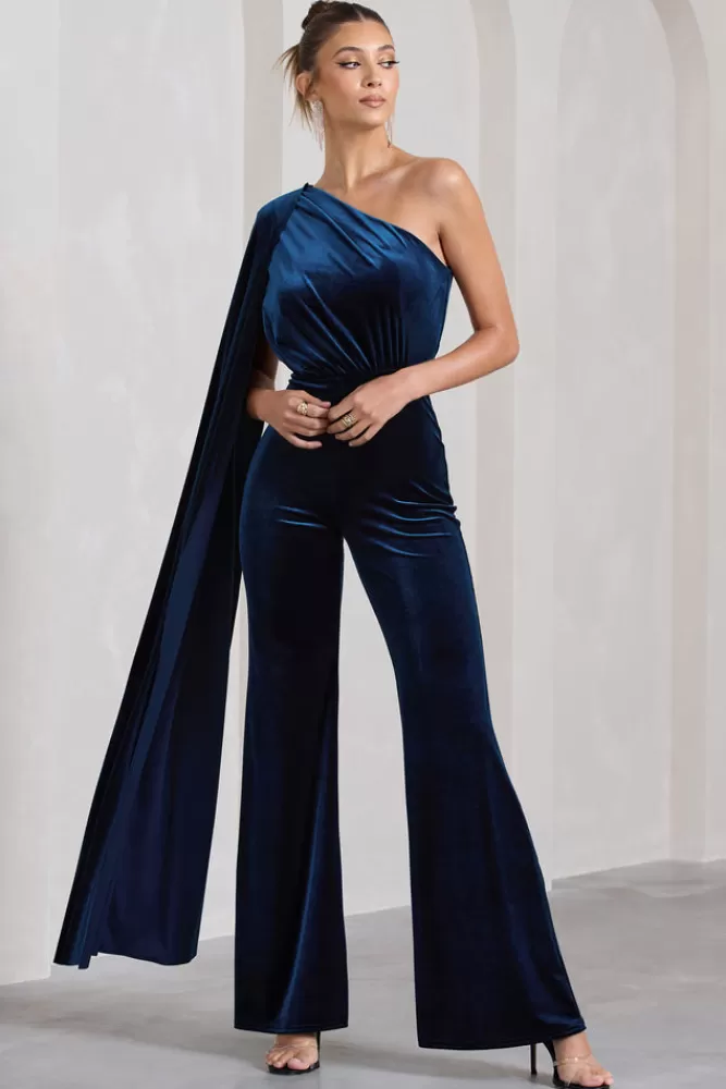 Club L London Aurora | Velvet One Shoulder Cape Sleeve Jumpsuit NAVY Best