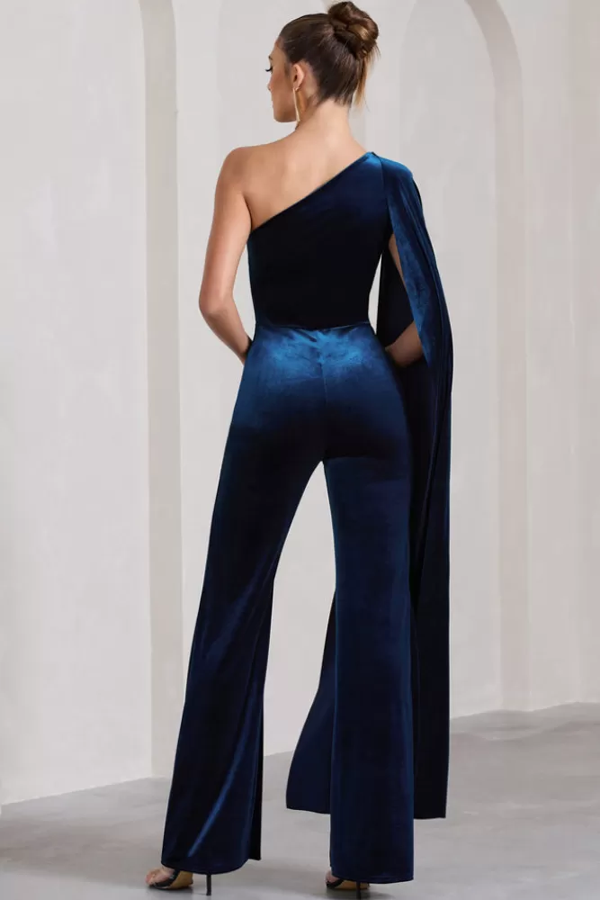 Club L London Aurora | Velvet One Shoulder Cape Sleeve Jumpsuit NAVY Best