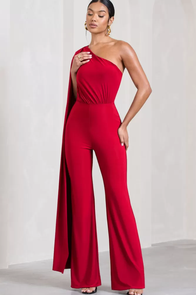 Club L London Aurora | One Shoulder Cape Sleeve Jumpsuit Red Hot