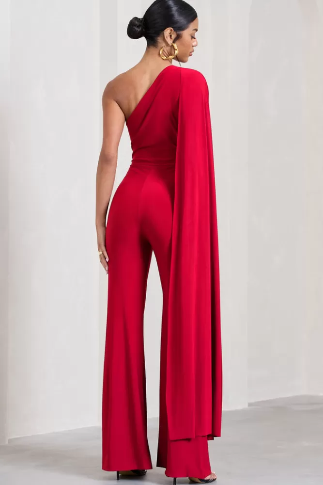 Club L London Aurora | One Shoulder Cape Sleeve Jumpsuit Red Hot