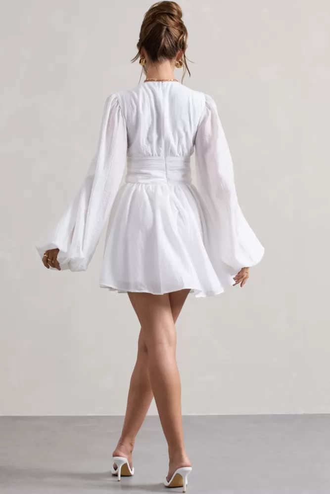 Club L London Avalon | Plunge-Neck Balloon-Sleeve Mini Dress WHITE Online